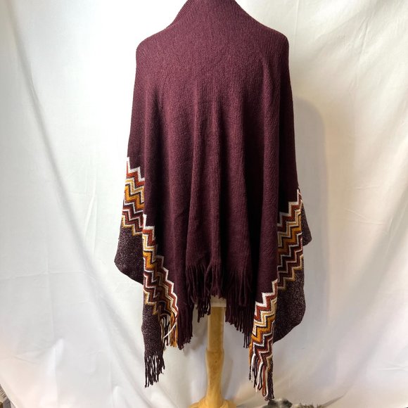 Western Style Blanket Poncho Shawl Sz 0/S Burgundy Silver Thread Orange Gold - Picture 3 of 8